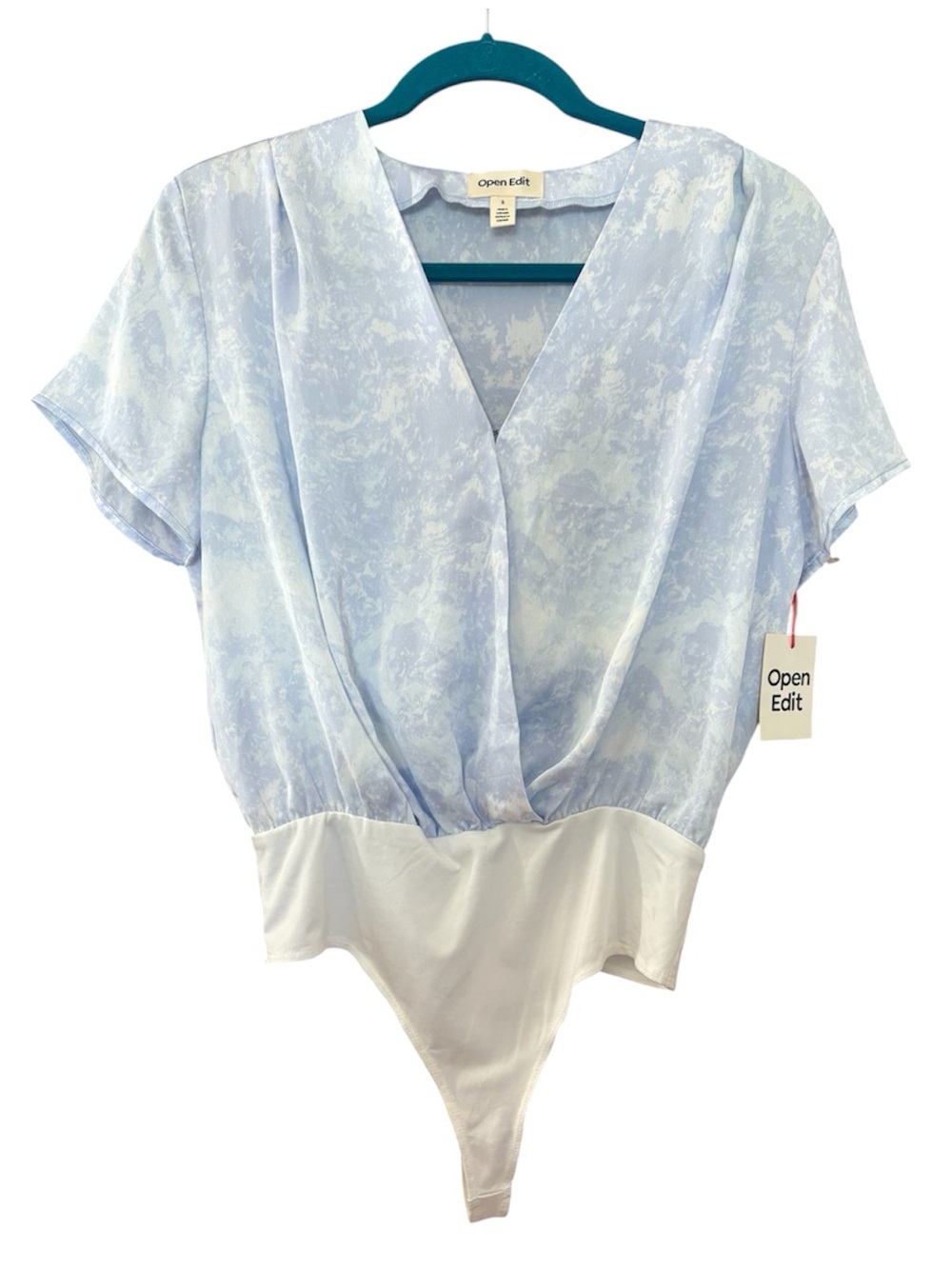 New Open Edit Small Blue White Marble Surplice Thong Bodysuit